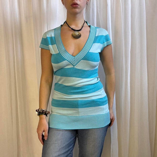 Y2K Jane Norman short sleeve longline jumper blue stripe v neck uk 12