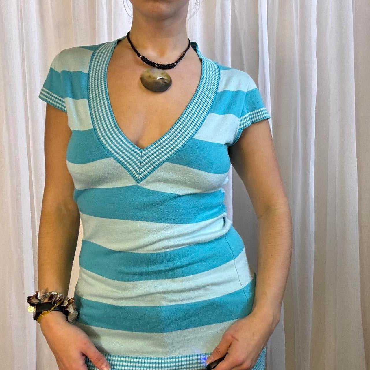 Y2K Jane Norman short sleeve longline jumper blue stripe v neck uk 12