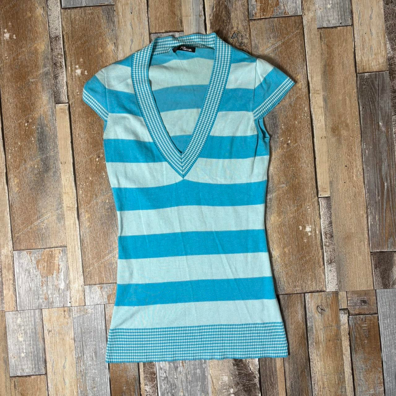 Y2K Jane Norman short sleeve longline jumper blue stripe v neck uk 12