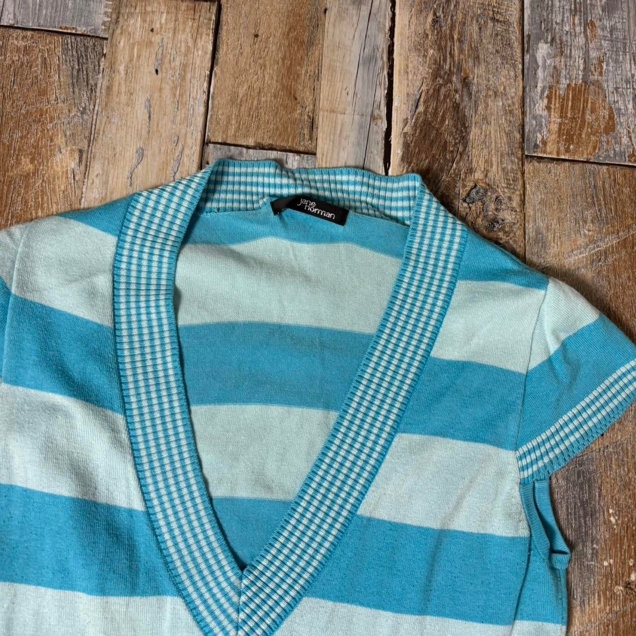 Y2K Jane Norman short sleeve longline jumper blue stripe v neck uk 12