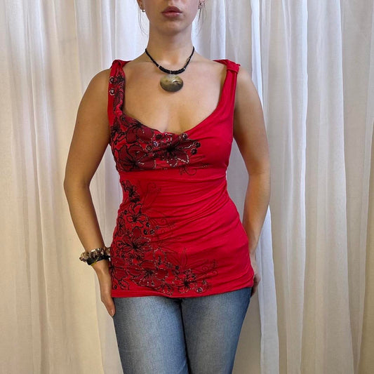 Y2K Jane Norman cami top red black floral rhinestone detail uk 14