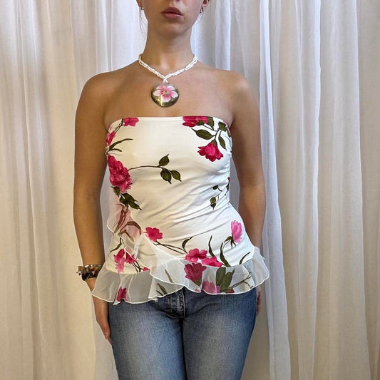 Y2K Morgan de Toi strapless tube top floral white pink