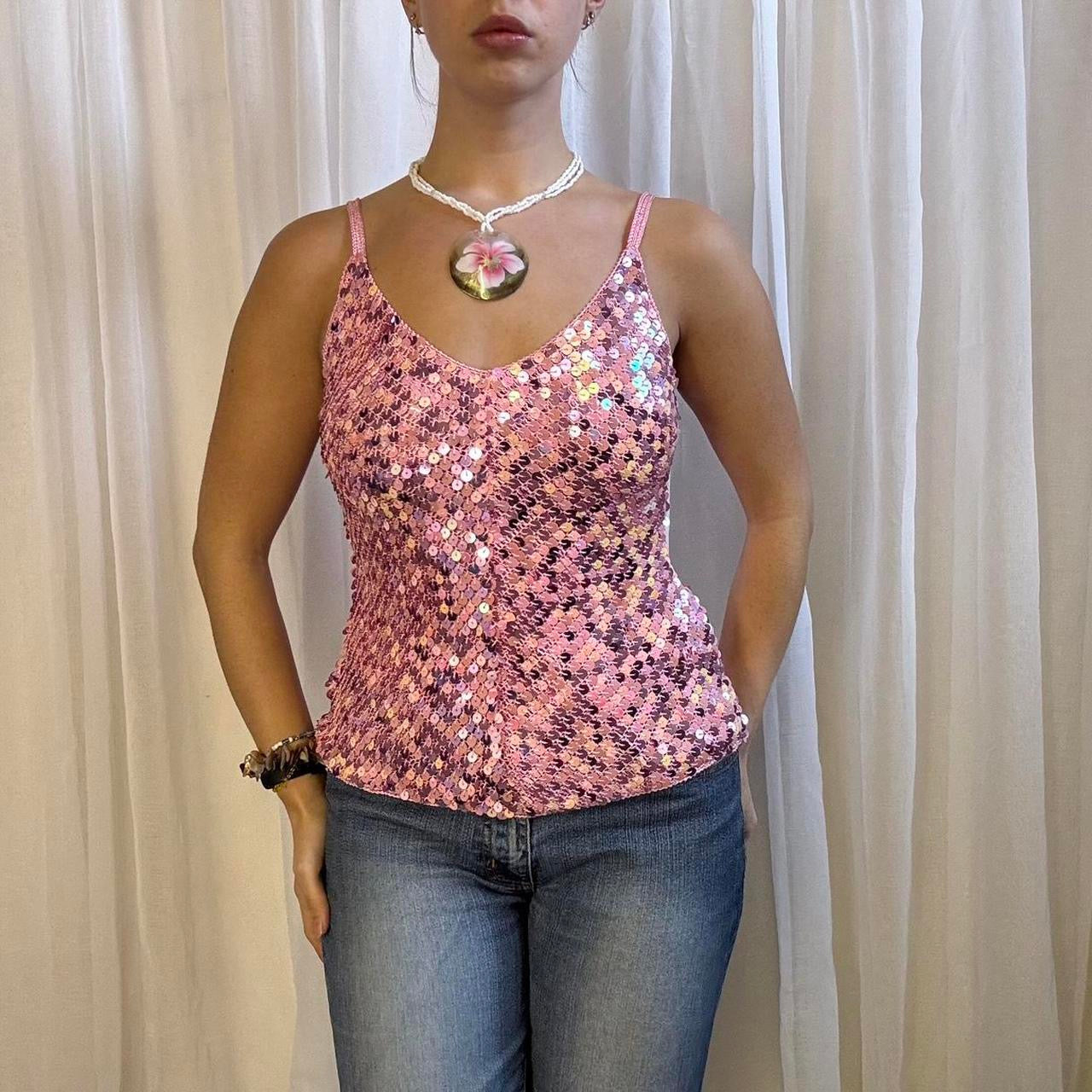 Y2k pink knit sequin covered cami top coquette size M