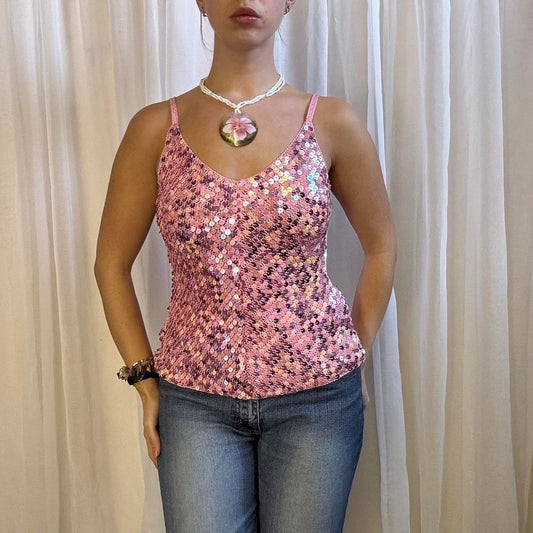 Y2k pink knit sequin covered cami top coquette size M