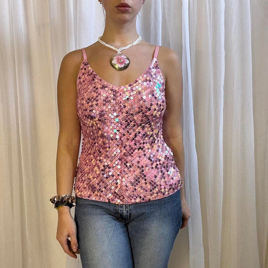 Y2k pink knit sequin covered cami top coquette size M