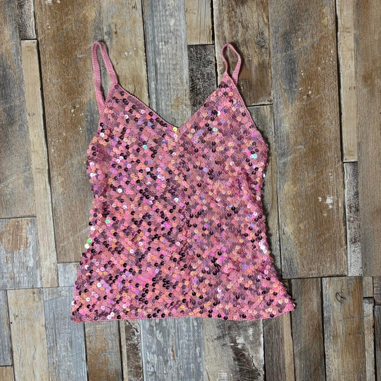 Y2k pink knit sequin covered cami top coquette size M