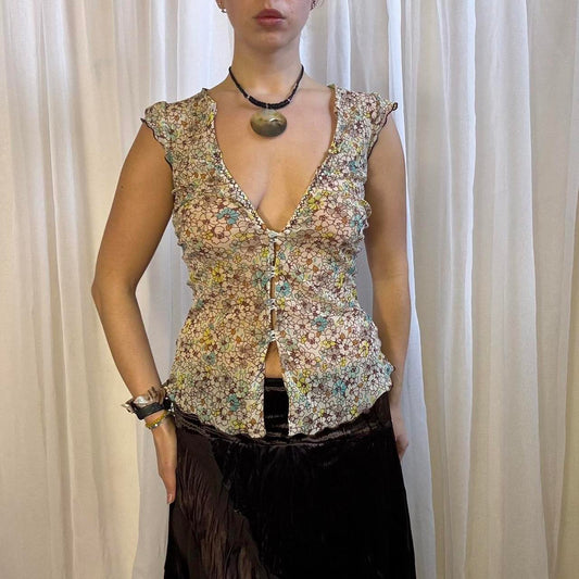 Y2K mesh short sleeve blouse Kookaï cream floral