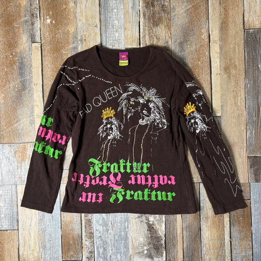 Y2K Save the Queen brown long sleeve top graphic print bejewelled uk xl