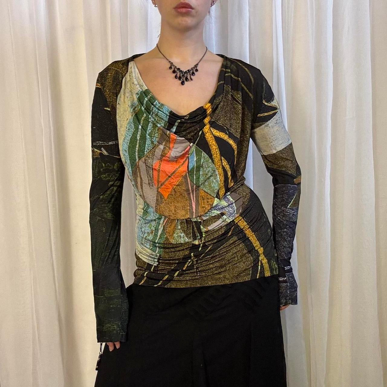 Y2K Save the Queen long sleeve top archive green black cowl neckline