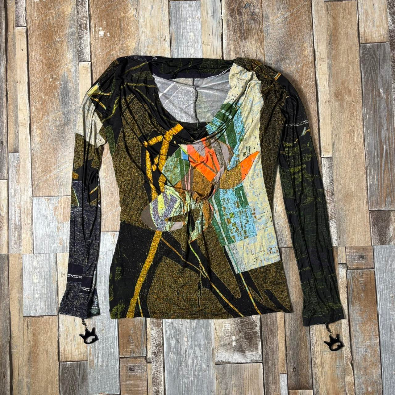 Y2K Save the Queen long sleeve top archive green black cowl neckline