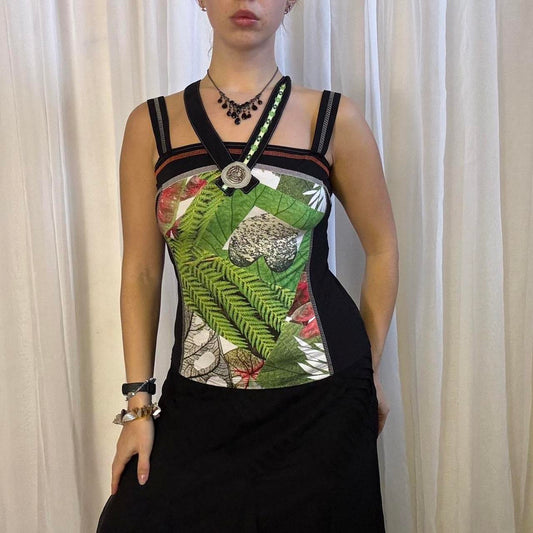 Y2k cami top slinky double strap botanical print uk 10