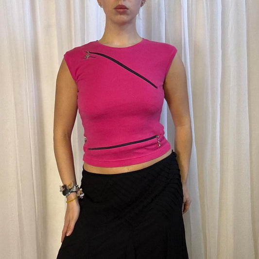 Y2K Punkyfish cropped vest top cyberpunk zip detail pink black