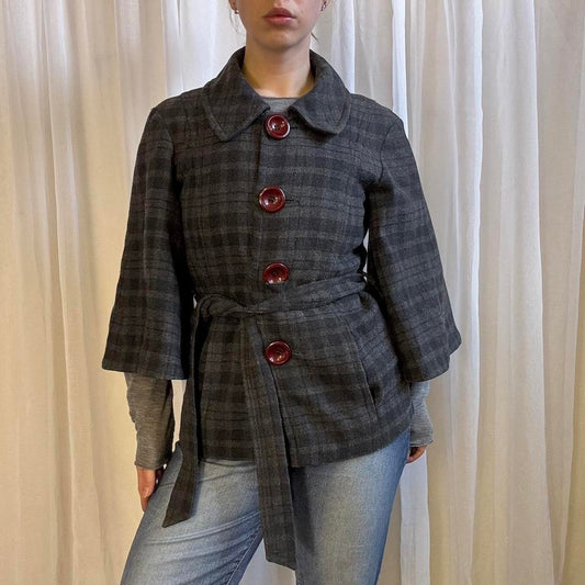Y2K grey peacoat wool blend check pattern 3/4 sleeve uk 10