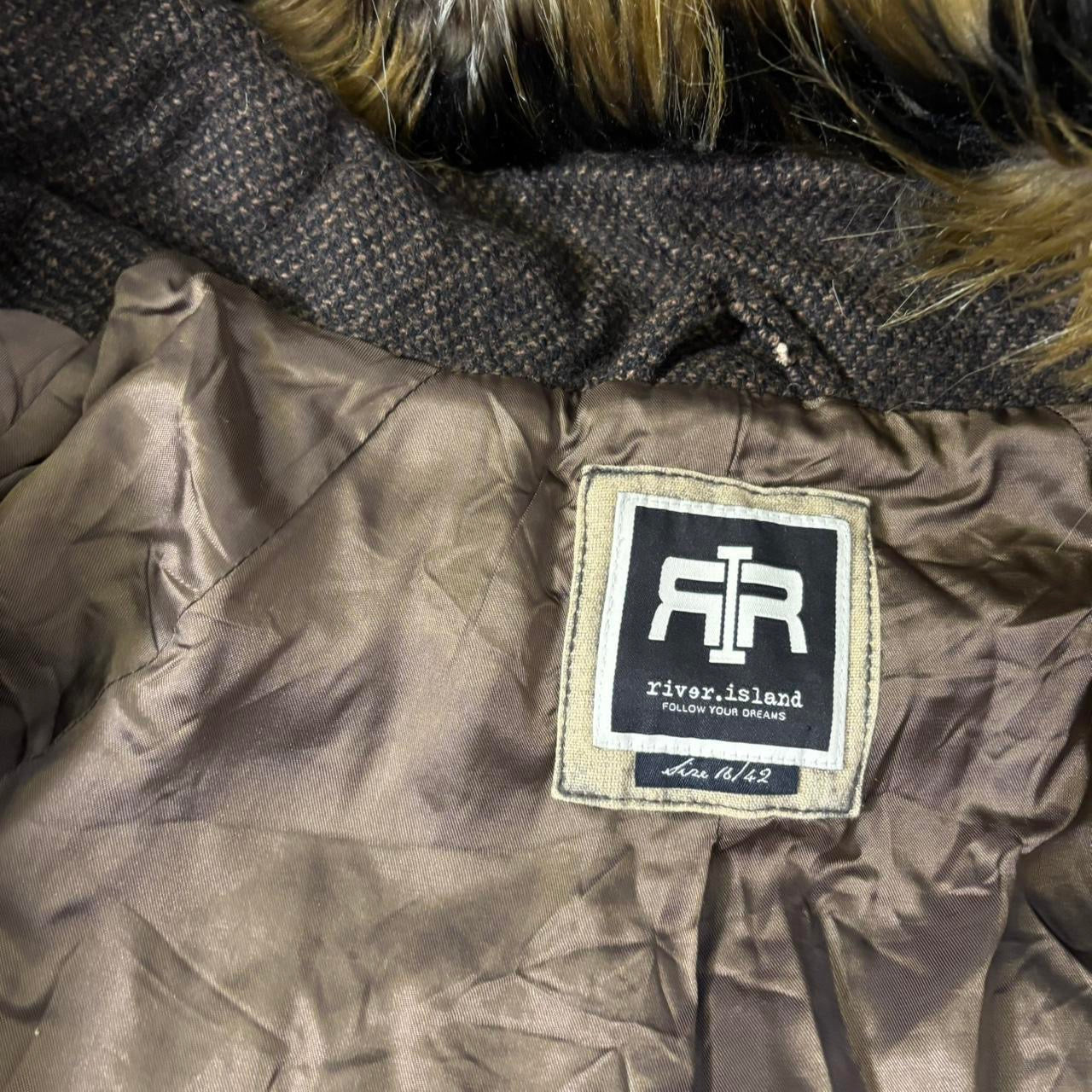 Y2k wool blend brown coat with faux fur exaggerated collar and cuffs